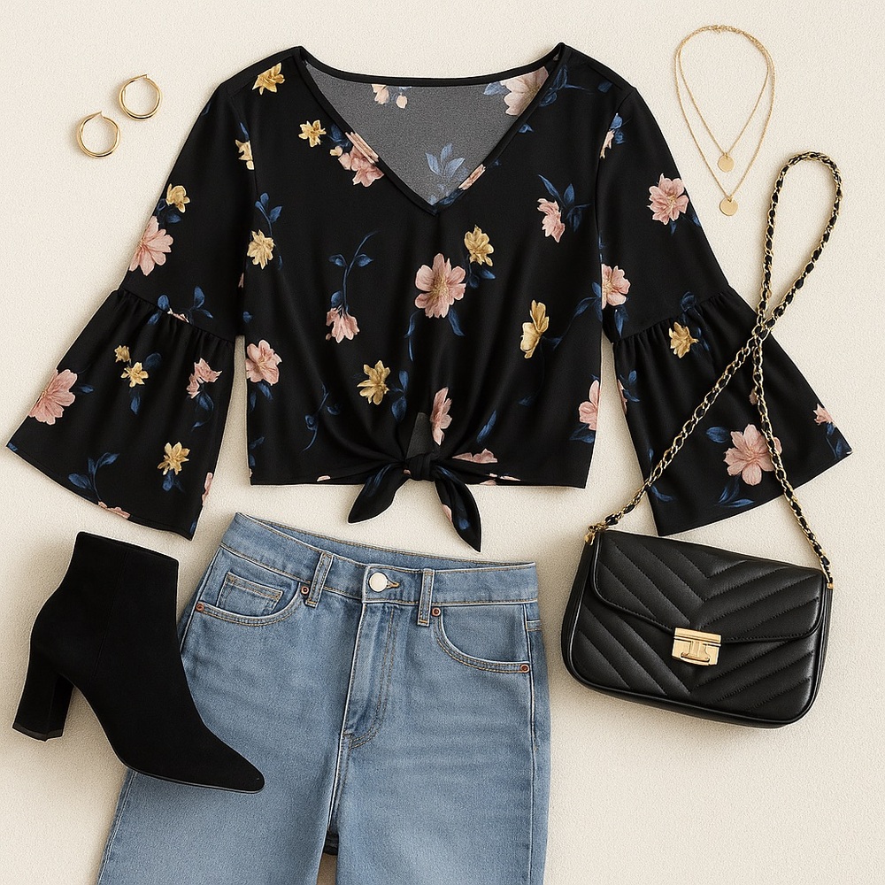 Lavender Field Black Floral Top Small